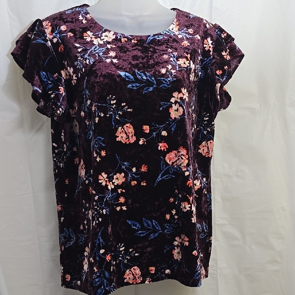 a.n.a Size Large Maroon and Floral Velveteen Boxy Blouse Frill Sleeve Like New